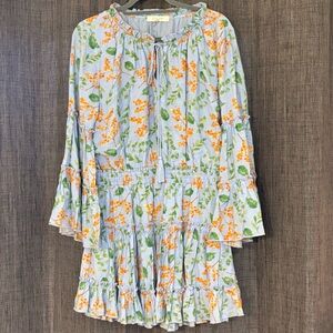 Fanco Women’s Floral Long Sleeve Dress Blue SZ L Bell Sleeves Boho Fully Lined